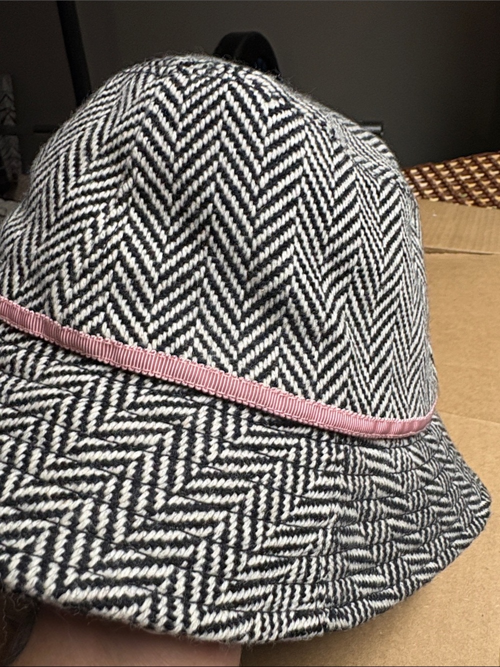 J. Crew Black & White Herringbone Bucket Hat with Pink Ribbon - Picture 5 of 16